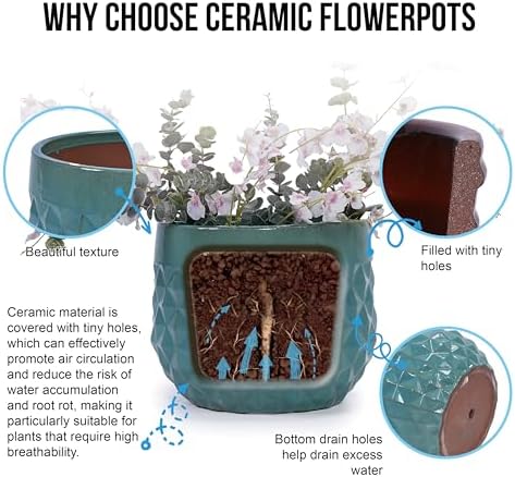 Modern Geometric Ceramic Planter Set of 3 for Indoor Outdoor Use, Diamond Textured Decorative Plant Pots with Drainage Hole for Garden Patio Windowsill Balcony Desk Shelf Home Décor Display (Blue) - Image 5