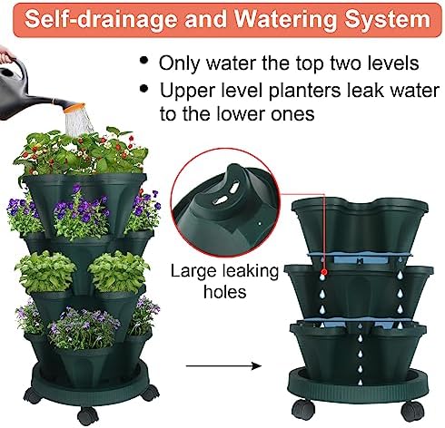 GameXcel Vertical Planter Tower - 4 Tier Stackable Garden Planters with Wheels and Tools Plant Pots for Strawberry Herb Flower and Vegetable Indoor Outdoor Use Green - Image 4