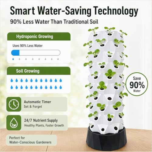 80 Planting Holes10-Tier Hydroponic Grow Tower Kit PP Hydroponic Gardening Tower System Vertical Indoor Garden Kit 7.93 Gallons Water Tank for Home Garden Lettuce Strawberry (7.93 Gallons Water Tank) - Image 4