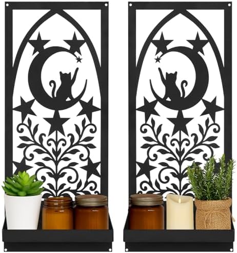 Metal Wall Candle Sconce Set of Two, 15.7 x 7 in Gothic Candle Holder with Foldable Shelf, Moon & Cat Black Metal Wall Art for Living Room Bedroom Hallway, Cat Lovers & Home Decor by Aertiavty