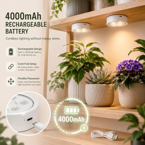 Rechargeable Grow Lights for Indoor Plants, 4000mAh Full Spectrum Wireless Magnetic Puck Grow Lights with Remote Control, Timer, Stepless Dimming and Type-C Charging for Plant Shelf and Flowers - Image 5