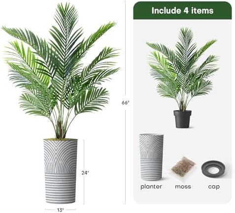 Artificial Tree in Modern Geometric Pattern Planter, Fake Areca Tropical Palm Silk Tree for Indoor and Outdoor Home Decoration - 66" Overall Tall (Plant Pot Plus Tree) - Image 3