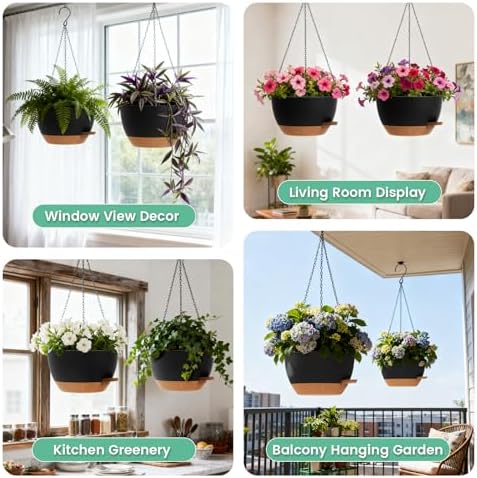 UOUZ 13 Inch 2 Pack Large Self Watering Hanging Planters for Indoor Outdoor Plants, Hanging Plant Pots with Removable 50 Oz Reservoir, Plastic Hanging Basket for Window Porch Garden, Black with Brown - Image 6