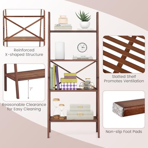 Giantex 4-Tier Bamboo Bookshelf, Indoor Free Standing Plant Stand Display Rack w/Anti-Tipping Device, Corner Bamboo Ladder Shelf for Small Space, Living Room, Kitchen, Bedroom, Office, Walnut - Image 5
