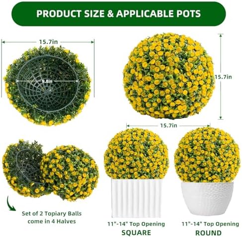 15.7 Inch Artificial Hanging Topiary Balls Set of 2, Faux Flower Balls for Garden Patio Wedding Valentine's Day Decor, Outdoor Indoor Hanging Decorations for Porch Front Door Party, Yellow - Image 2
