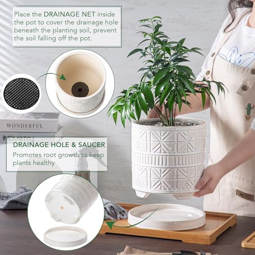Ceramic Plant Pots Indoor-Outdoor: 8 Inch Embossed Planters with Drainage Hole & Saucer - Modern Decorative Flower Pots for Home Garden Patio Office Decor - Image 3
