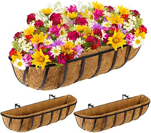 Tessco for you 3 Pieces Railing Planter Boxes, 24 Inches Window Box Planters with Coco Liner and Adjustable Brackets for Deck Porch Fence Patio Balcony Gardening Outdoor Plants by Tessco