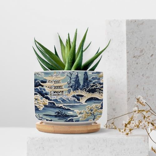 Blue and White Chinoiserie Asian Ceramic Planter Rain Chinoiserie Snake Plant Live Indoor with Pot with Drainage Holes and Saucers Pot for Home Desktop Office Windowsill - Image 7