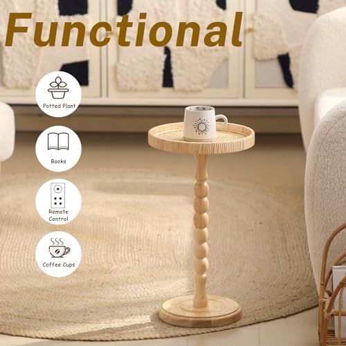 Small Side Table，Rattan Round Drink Tables for Small Spaces, Boho Circle Accent Table Coffee Table with Solid Wood Leg for Living Room, Pedestal Table for Bedroom, Corners - Image 4