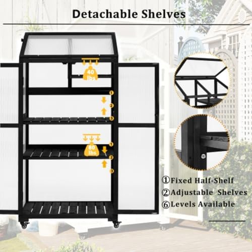 Wooden Greenhouse, Cold Frame Portable Greenhouse with Wheels and Adjustable Shelves for Indoor Outdoor Patio Balcony Garden, 31.5" Lx22.4 Wx62 H, Black (White) - Image 4