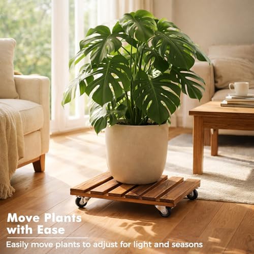 16 Inch Plant Caddy with Wheels, 4 Pack Rolling Plant Stand Rollers with Casters Wooden Plant Dolly with Wheels Heavy Duty Large Rolling Planter Base for Indoor & Outdoor Plants Square Flower Stand - Image 3
