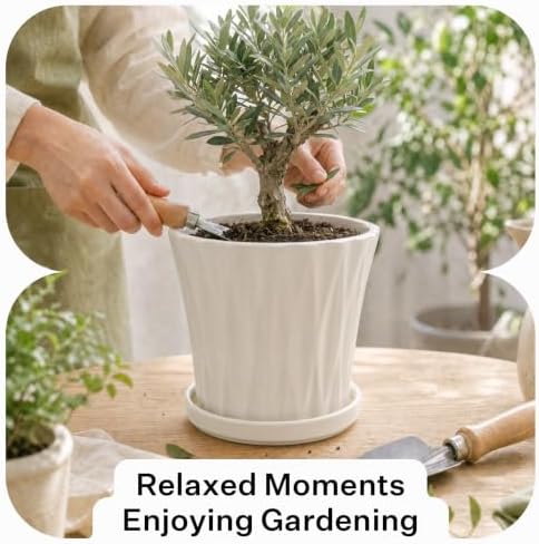 8.3 Inch Ceramic Planters with Drainage Hole and Saucer,Indoor Outdoor Large Flower Pots, Garden Pot for Plant Lovers (White) - Image 5