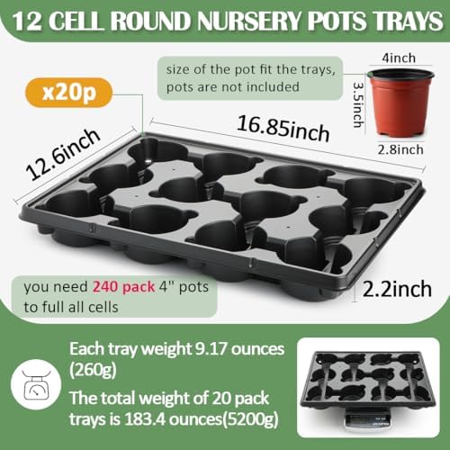 RooTrimmer 12 Cell Round Nursery Pot Trays Thickened Durable Seedling Pots Shuttle Carrying Trays for Holding 4 Inch Nursery Pots (16.85" × 12.6", 20-Pack) - Image 2