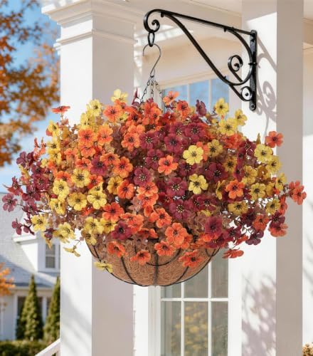 HyeFlora 2 Set Artificial Outdoor Faux Fall Mums Hanging Flowers Plants Basket Outside, 14 Bundles Fake Silk Daisy Fern in Planter UV Resistant for Autumn Porch Balcony Patio Yard Decor, 3 Colors Mix - Image 7