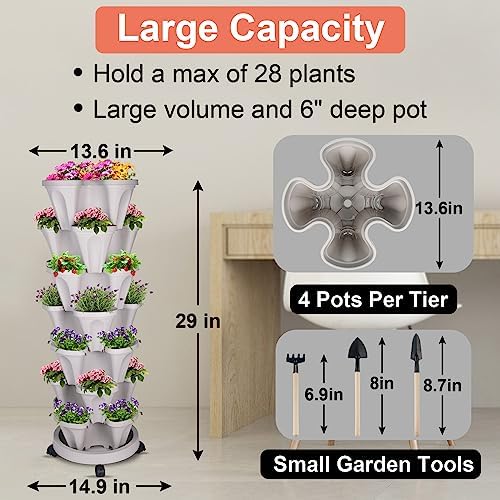GameXcel Vertical Planter Tower - 7 Tier Stackable Garden Planters with Wheels and Tools Plant Pots for Strawberry Herb Flower and Vegetable Indoor Outdoor Use Gray 2 Pack - Image 4