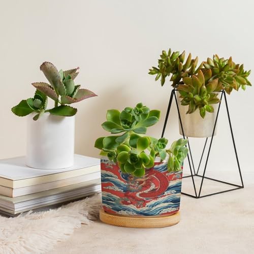 Dragon Chinoiserie Planters Ceramic Asian Inspired Round Flower Pots with Drainage Holes and Bamboo Tray Pot for Home Desktop Office Windowsill - Image 4