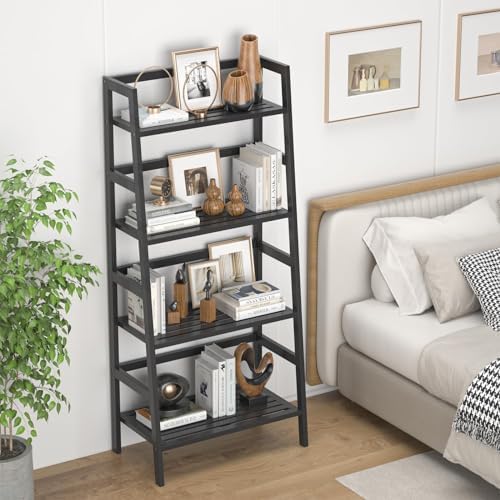 Homykic Black Ladder Shelf, 4-Tier Bamboo Bookshelf & Bookcase Organizer - Image 4