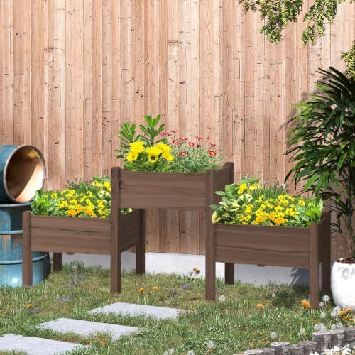 Outsunny Raised Garden Bed with 3 Planter Box Elevated Plant Stand, Coffee - Image 2