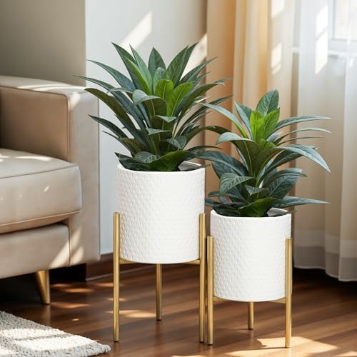 LuxenHome Indoor Planters, Set of 2 White Planter with Gold Metal Stand by LuxenHome