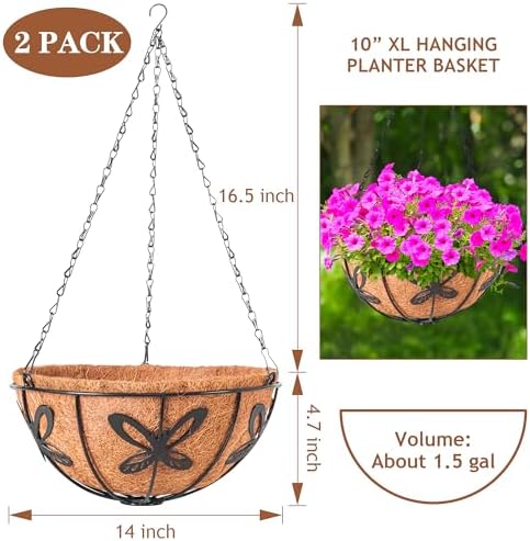 Hanging Baskets Planter for Plants, 2 Pack 14 Inch Round Metal Wire Hanging Flower Pots with Coco Coir Liner Chain, Plant Holder for Home Garden Balcony Decor - Image 2