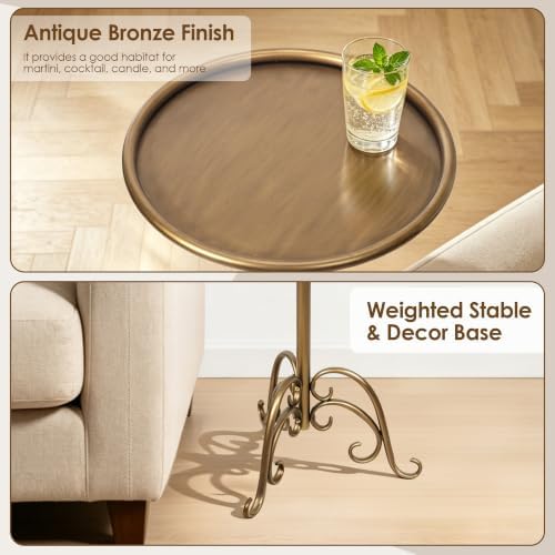 Adjustable-Height Metal Martini Cocktail Table, Vintage Bronze Small Round Drink Table with Decor Iron Legs, Antique Gold Pedestal Side Table for Small Spaces Bedroom Living Room - Image 5