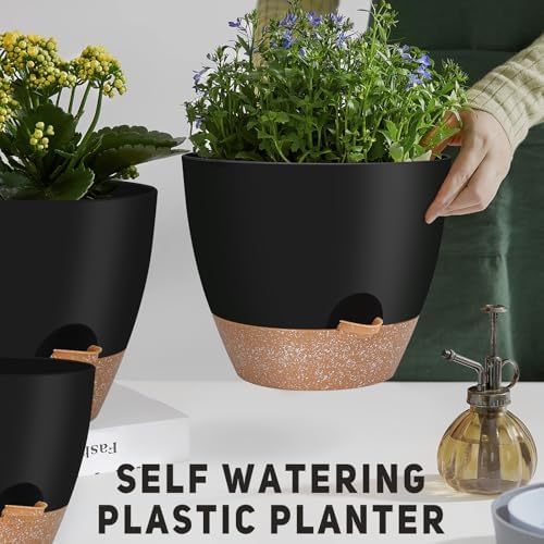 YNNICO 12" 10" 9" Large Self Watering Plant Pots, 3 Pack Flower Pots Planters with Multi Mesh Drainage Holes for Indoor Outdoor Garden Plants and Flowers (Black) - Image 5