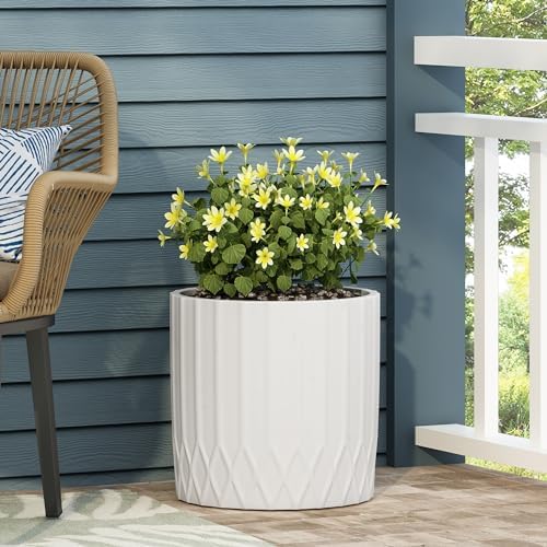 Christopher Knight Home Jorine Cast Stone Planter, Lightweight Concrete Plant Pot, Geometric Design Garden Urn, Round Flower Pot, Ourdoor Plant Urn for Backyard, No Assembly Needed, Antique White by ChristopherKnightHome