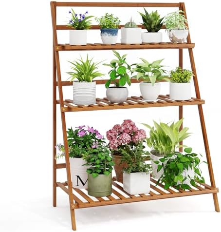 HAPPYGRILL 3-Tier Plant Stand Indoor, Folding Flower Pot Display Shelves with Anti-falling Crossbar & Non-slip Feet, Tall Plant Shelf for Patio Garden Balcony Living Room Outdoor by HAPPYGRILL