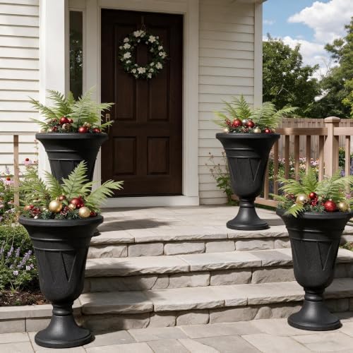 Tall Plastic Urn Planters and Pedestal - 24" Outdoor Planter Black - Image 2