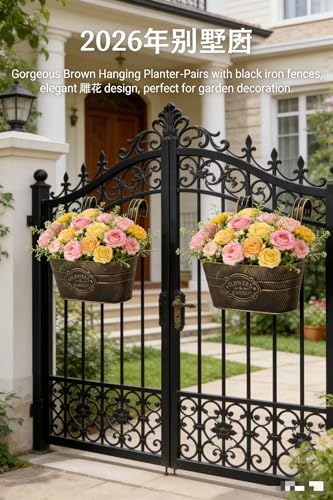 Vintage Metal Hanging Flower Pot with Detachable Hooks, Oval Bucket Planter for Balcony Railing, Fence, Patio, Garden Decor, Black and White Finish, 2 Sets (2, Black) - Image 2