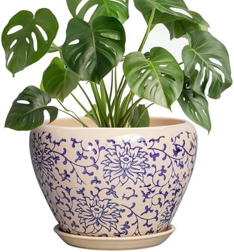 Ceramic Pots for Plants - 8 Inch Plant Pot with Drainage Hole and Saucer, Modern Flower Pots for Indoor Outdoor Plants, Round Decorative Planter, Bedroom Decor, Plant Lover Gift, Retro Blue by Thirtypot