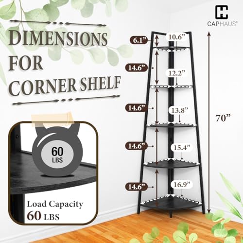 CAPHAUS 5-Tier Corner Shelf Stand, Tall Display Shelves, Ladder Corner Wood Storage Plant Bookshelf with Metal Frame, Versatile Shelving Unit Bookcase for Home Office Space, Black - Image 2