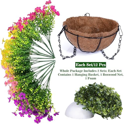 2 Sets Artificial Hanging Plants Flowers Basket Outdoor, Fake Hanging Plants 24 Pcs Flowers for Porch Patio Garden Home Decor for Spring Summer (Red, Purple, Yellow, Rose Red) - Image 3