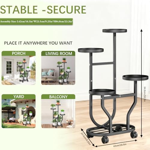 5 Tier Plant Stand, Metal Plant Shelf Indoor Outdoor,Tall Corner Multiple Plants Shelf for Garden Balcony Patio Living Room, Tiered Corner Rack Flower Stands with Wheels - Image 2