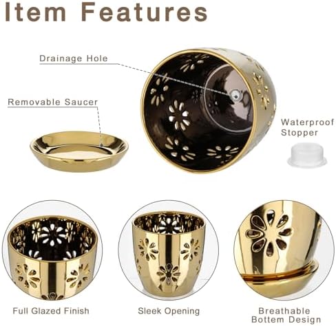 Oairse 6 inch Orchid Pots with Holes, Gold Ceramic Orchid Pot for Repotting Small Indoor Plant Pots with Drainage Holes and Saucers Decorative Flower Planter for Orchids, Indoor Plant - Image 2