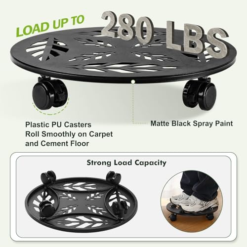 Planterhoma 2 Packs 12/14 Inch Rolling Plant Stand with Wheels Metal Plant Caddy with Wheels Heavy Duty Plant Rollers with Wheels Round Wrought Iron Plant Stand with Clear Saucers, Matte Black - Image 3
