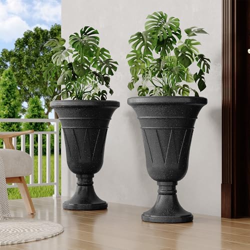 24" Tall Urn Planters Set of 2, Black Outdoor Planter for Porch - Image 4