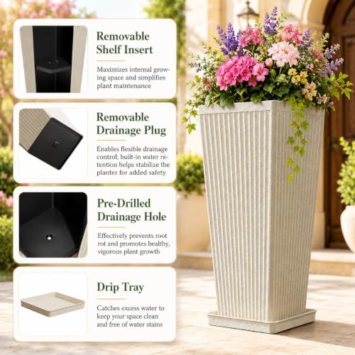 NicBex 24" Tall Planters for Outdoor Plants Set of 2 Square Fluted,Beige - Image 3