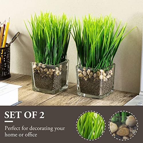 MyGift Set of 2 Artificial Grass Plants in Square Glass Pots with Pebbles - Image 2