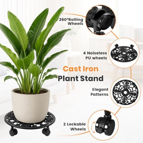 13.5 Inch Plant Caddy with Wheels Heavy Duty Cast Iron Plant Stand with Wheels, Metal Plant Dolly with Locking Wheels, Flower Pot Mover for Heavy Pots, Indoor Outdoor Rolling Planter Stand, 1 Pack - Image 3