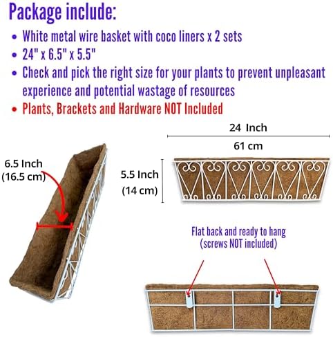 LaLaGreen Fence Wall Planter (24 in, 2 Pack) White Coco Liner Trough Box - Image 2