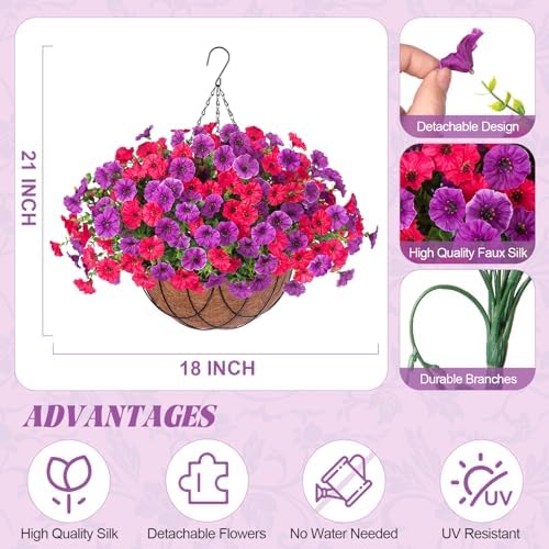 Artificial Fake Hanging Flowers with Basket for Outdoor Decor 12 Pcs UV Resistant Faux Silk Morning Glory Flowers Plants for Outdoor Outside Planters Home Porch Patio Balcony Spring Summer Décor - Image 3