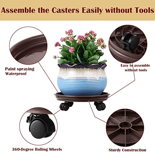12 Packs Plant Caddy with Wheels 11.8" Plastic Rolling Plant Dolly Coasters Heavy-Duty Wheeled Planter Mover Rollers Indoor Outdoor Wheeled Flower Pot Base Suacers with Casters, Brown - Image 2