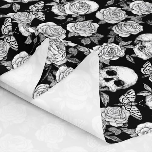 Sugar Skull Fabric By The Yard, Halloween Upholstery Fabric, Moth Rose Skeletons Decorative Fabric, Gothic Horror Leaves Indoor Outdoor Fabric, DIY Art Waterproof Fabric, Black White, 10 Yards - Image 6