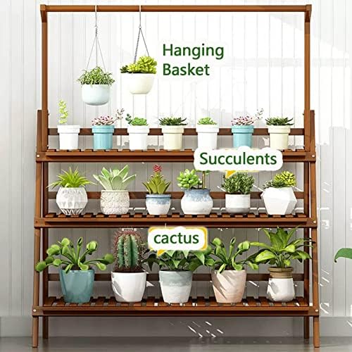 Hanging Rod Plant Stand 3 Tier Flower Ladder Rack Free Standing Shelf Storage Display Holder, Indoor Outdoor Garden Patio Planter Stand Bamboo, Brown (Size : 70x33x124cm) - Image 4