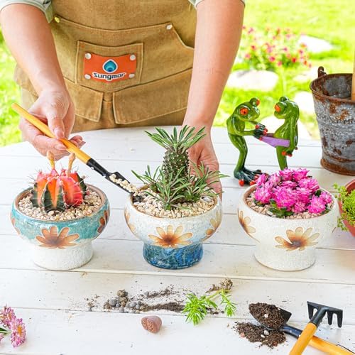 Sungmor Small Succulent Planters Set of 3, Beautiful Hand Crafted Ceramic Plant Pots Cute Cactus Pot, 4.9 Inch Flower Pots for Indoor Plants with Drainage, Desktop Windowsill Home Office Decor Pots - Image 4