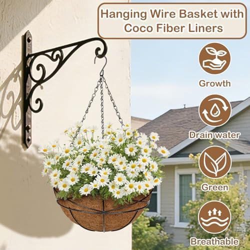 4 Pack 12 inch Metal Hanging Baskets for Plants Outdoor Metal Wire Hanging Basket Planter with Coco Fiber Liners Flower Pots for Home Porch Garden Patio, Diamond-Shaped - Image 2
