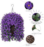Artificial Fake Outdoor Hanging Flowers Plants Basket for Outside Porch Decoration, Fake Silk Purple Daisy Flower UV Resistant Look Real Orchid Traing Vines for Home Balcony Yard Patio Garden Decor - Image 3