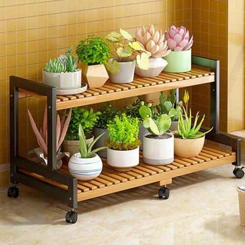 Plant Stand, Bamboo Ladder Shelf Display Shelf, Multi-Tier Planter Holder with wheel for Home Garden Patio Balcony Indoor Outdoor Use,100*40*65cm by Unknown