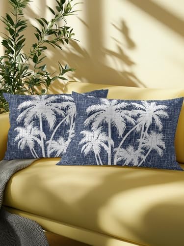 Outdoor Pillows Waterproof Set of 2, Tropical Palm Tree Patio Throw Pillows for Couch Bed Sofa with Insert, Vintage Dark Blue Exotic Botanical Plants Decorative Reading/Camping Pillow Set 12x20 Inch - Image 6